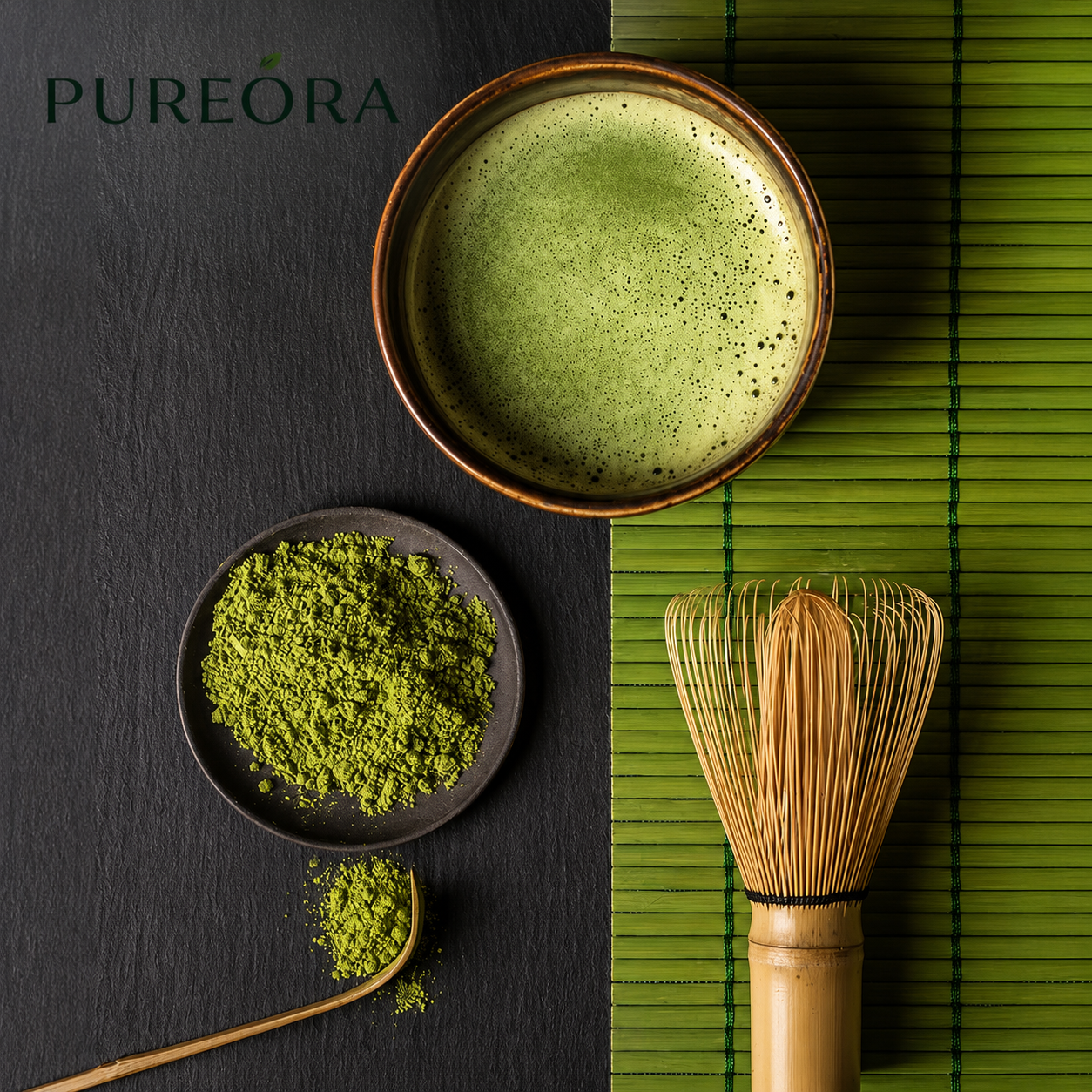 PUREORA matcha bowl, powder and bamboo whisk