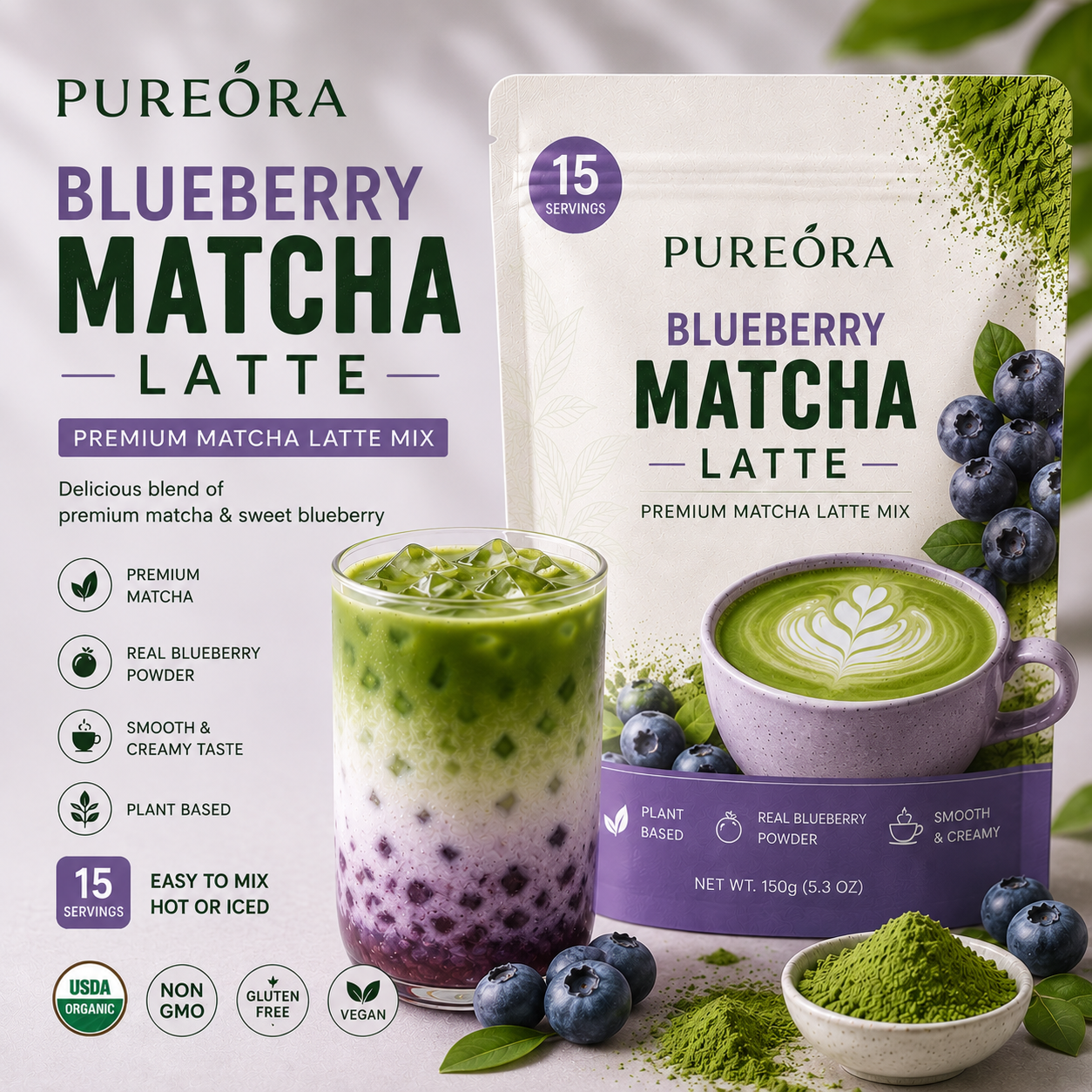 PUREORA Blueberry Matcha Latte product material