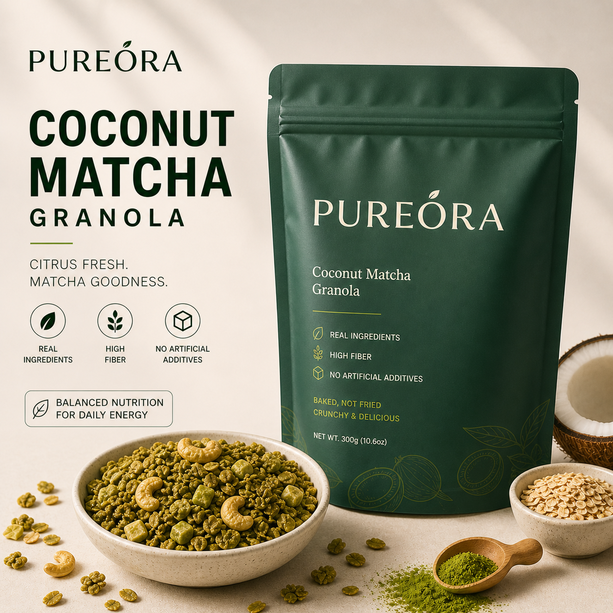 PUREORA Coconut Matcha Granola product material