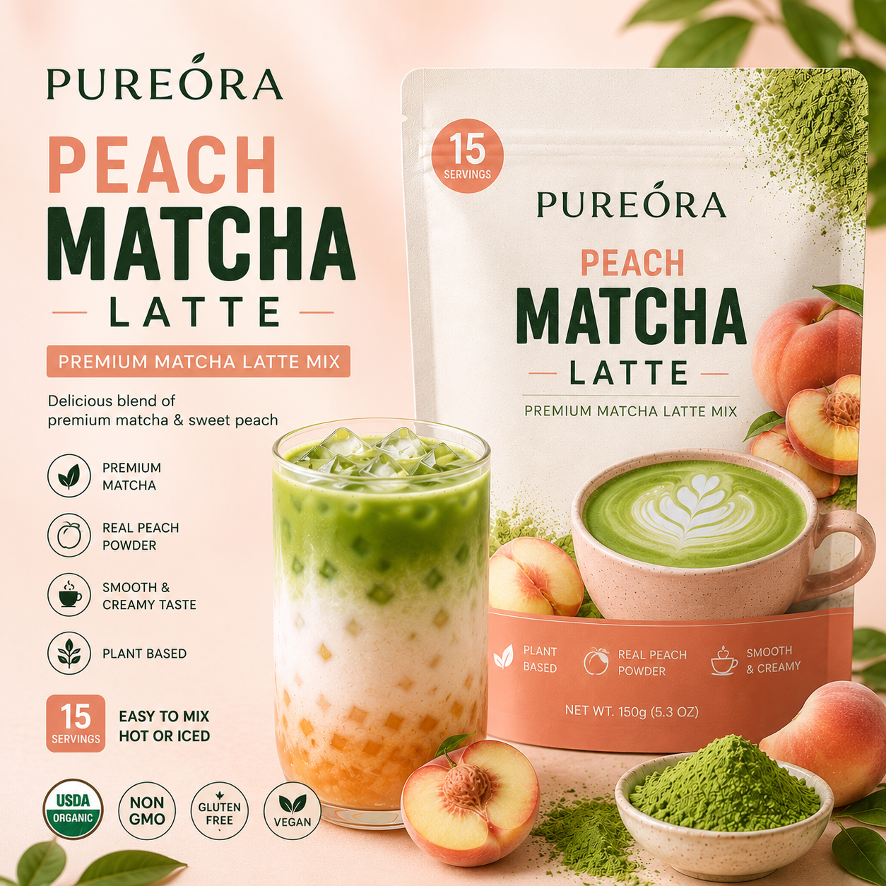 PUREORA Peach Matcha Latte product material