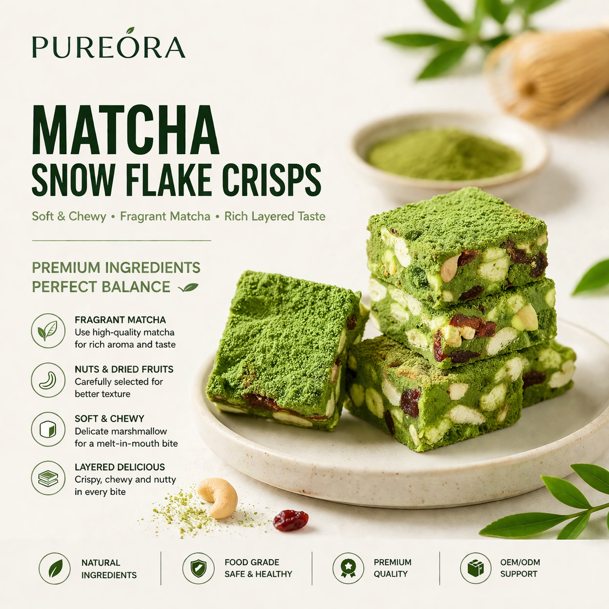 PUREORA Matcha Snowflake Crisps product material