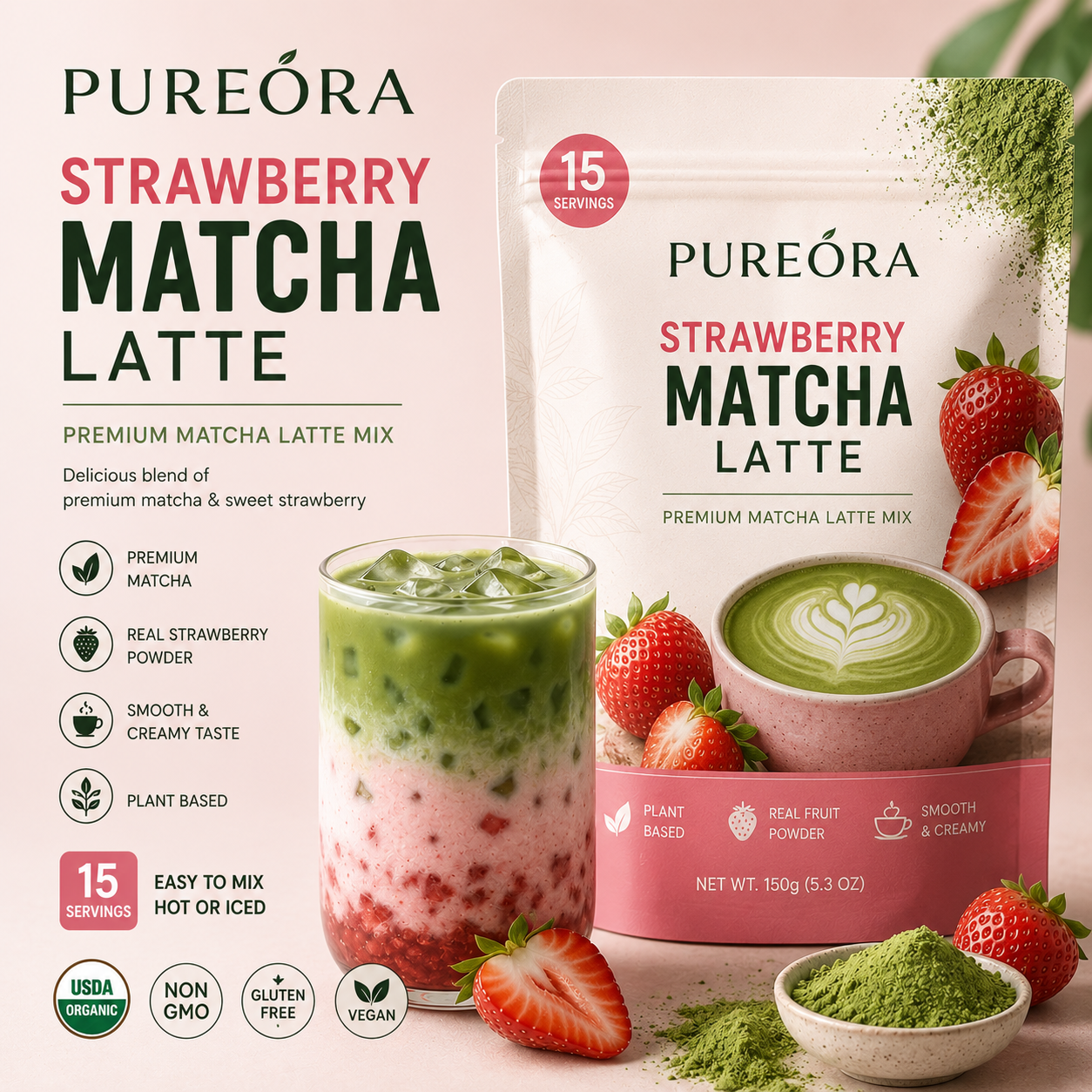 PUREORA Strawberry Matcha Latte product material