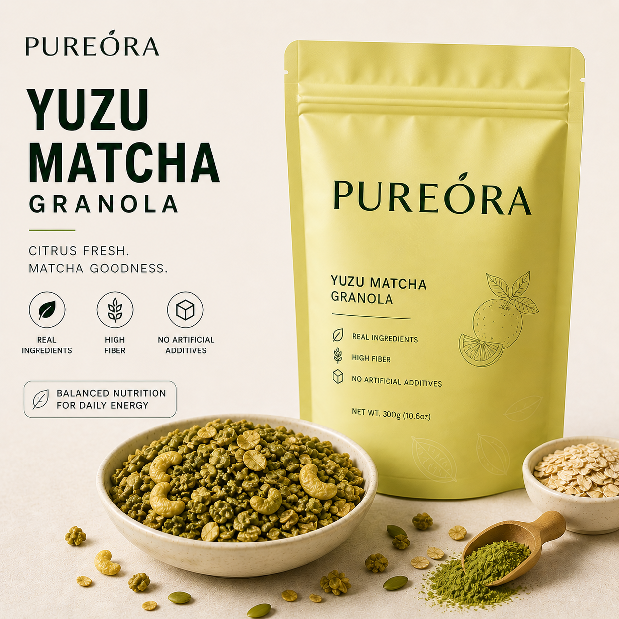 PUREORA Yuzu Matcha Granola product material